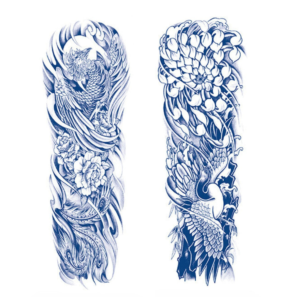 2 Sheets Flowers Crane Phoenix Style 2 Semi Permanent Sleeve Tattoos