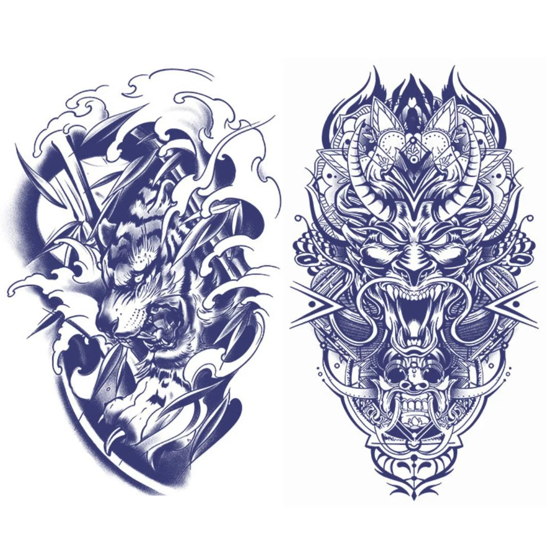 2 Sheets Tiger Japanese Style Dragon Half Arm Semi Permanent Tattoos