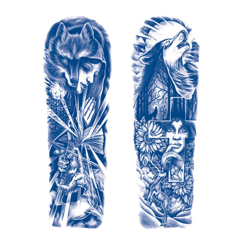 2 Sheets Wolf Pray Cross Semi Permanent Sleeve Tattoos