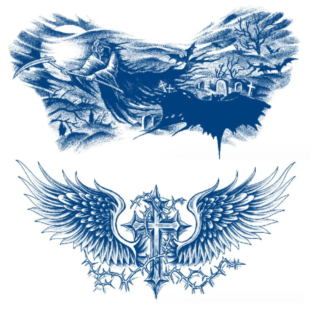 2 Sheets Death Cross Wing Chest Shoulder Semi Permanent Tattoos