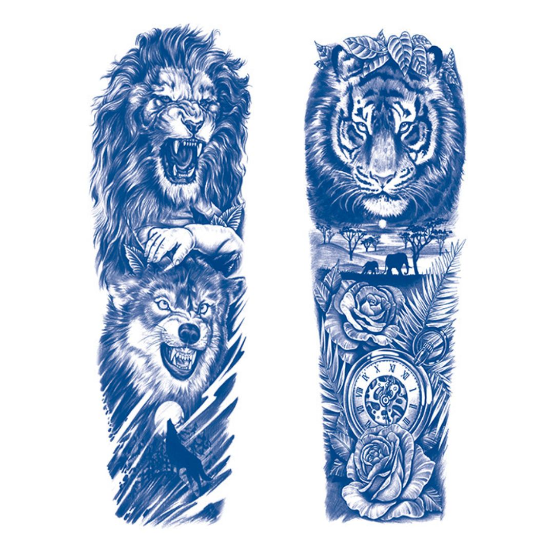 2 Sheets Wolf Lion Tiger Semi Permanent Sleeve Tattoos