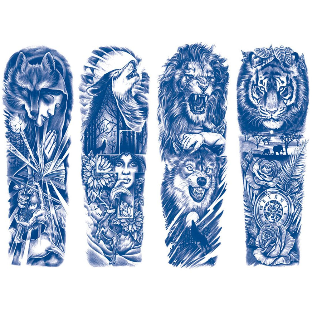 4 Sheets Wolf Woman Lion Tiger Semi Permanent Sleeve Tattoos