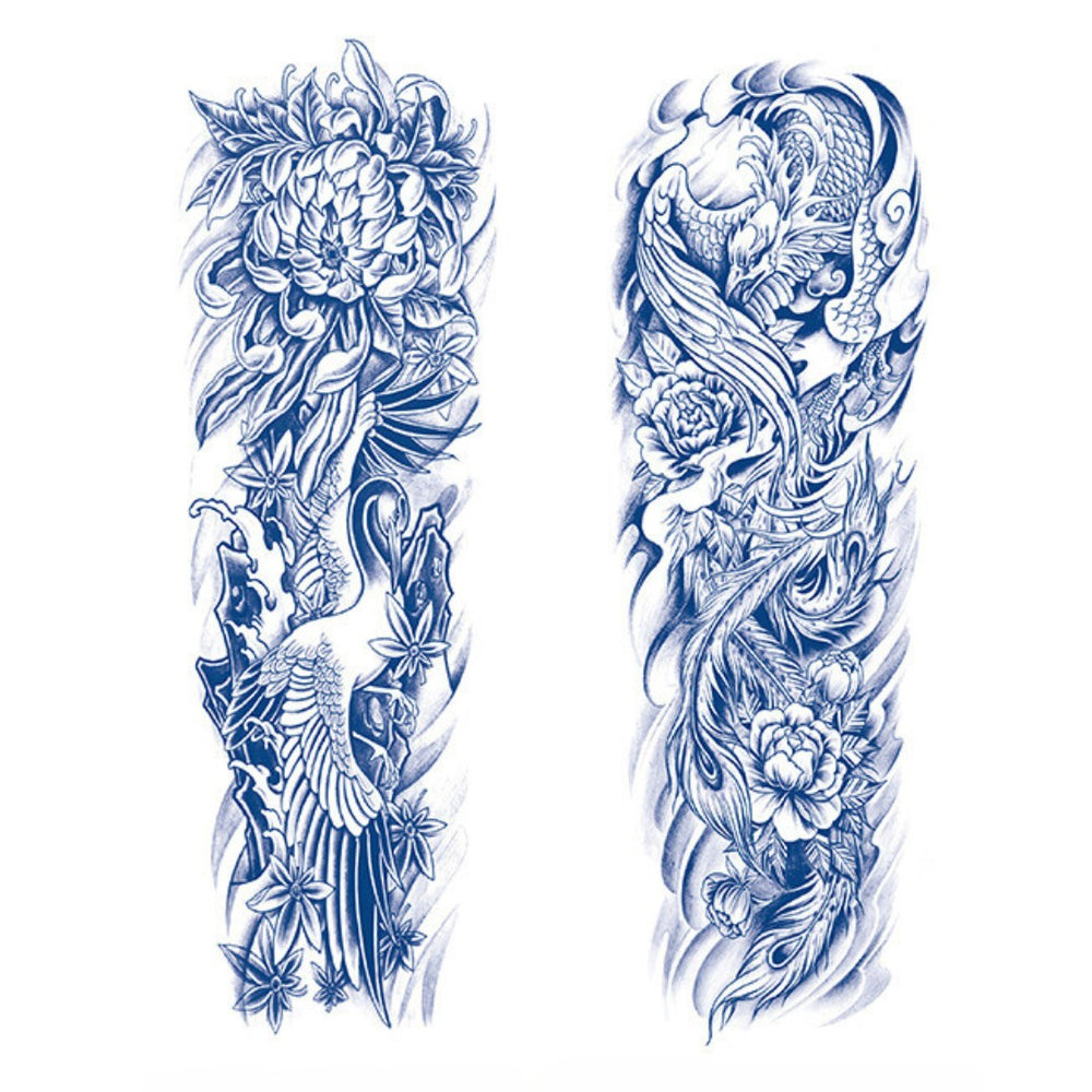 2 Sheets Flowers Crane Phoenix Style 1 Semi Permanent Sleeve Tattoos