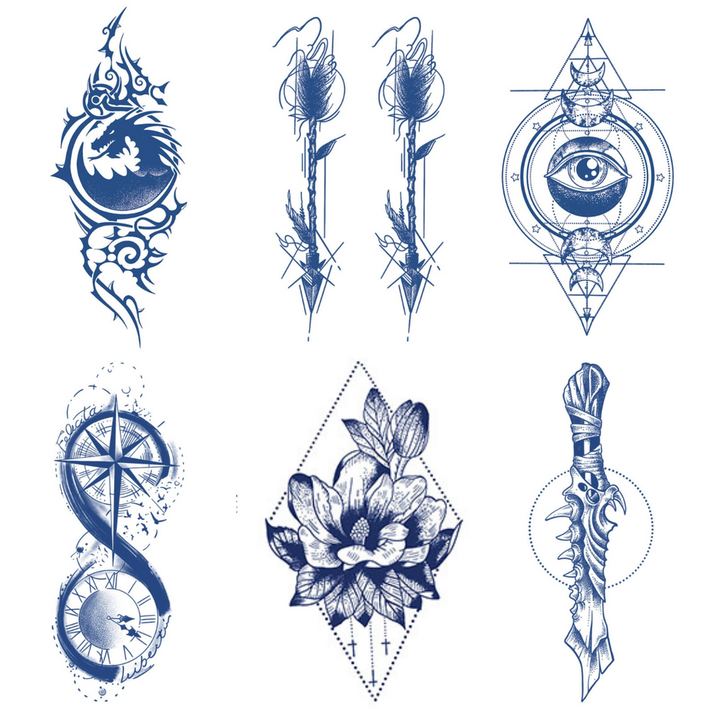 6 Sheets Dagger Symbol Compass Large Semi Permanent Tattoos