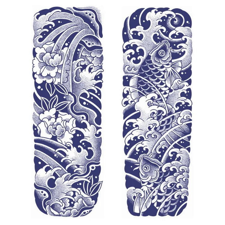 2 Sheets Sea Wave Fish Semi Permanent Sleeve Tattoos