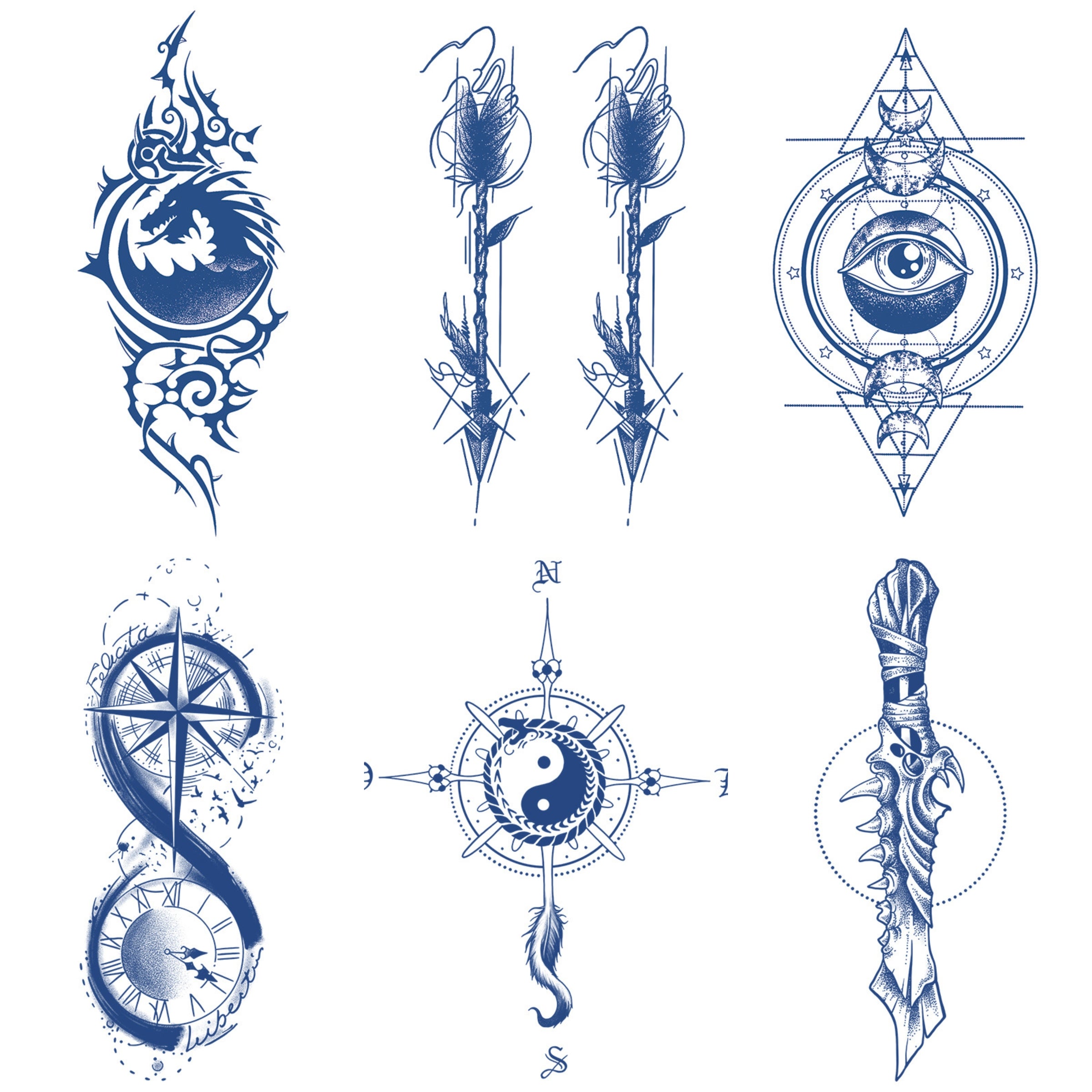 6 Sheets Dagger Symbol Compass Large Semi Permanent TattoosSpecificati ...