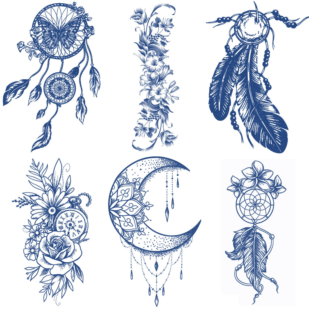 6 Sheets Dreamcatcher Moon Feather Large Semi Permanent Tattoos